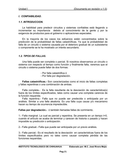 Unidad I (Documento en revisiÃ³n v-1.0) I. CONFIABILIDAD. 1.1 ...