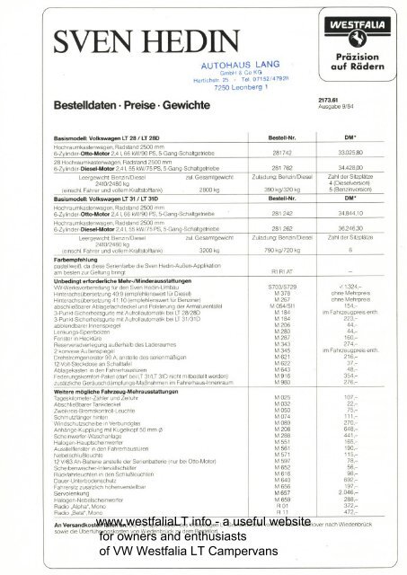 Sept 1984 Vw Westfalia Lt Sven Hedin Camper Price List Preisliste