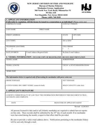 NJ Menhaden License Application Form - Division of Fish and Wildlife