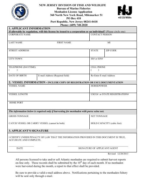 Nj Menhaden License Application Form Division Of Fish And Wildlife