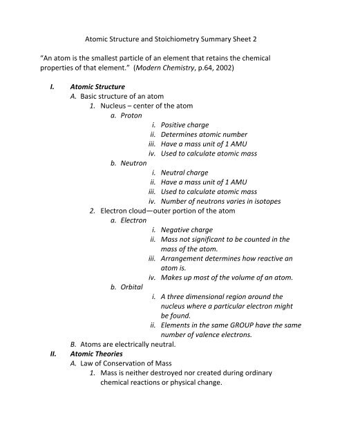 Atomic Structure Summary Sheet