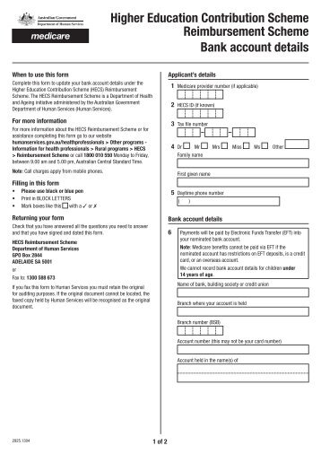 HECS Reimbursement Scheme Bank account details form