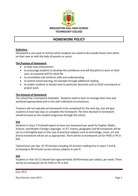 HOMEWORK POLICY - Broughton Hall High School