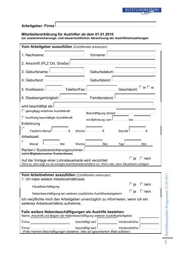 Firma Mitarbeitererklärung für Aushilfen ab dem 01.01.2010 Vom Arbe