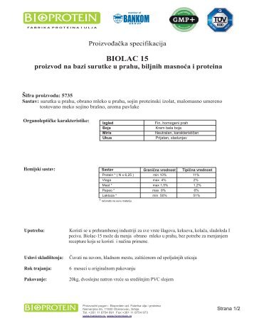 Proizvođačka specifikacija Biolac 15... 82 kb - Bankom