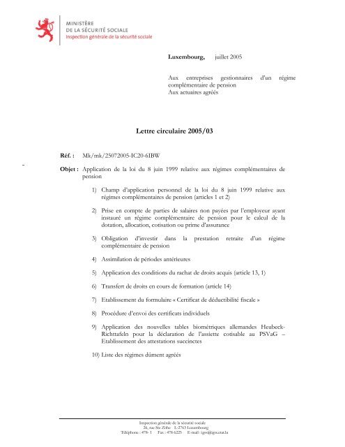 Lettre circulaire 2005/03 - MinistÃ¨re de la sÃ©curitÃ© sociale