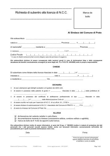 Richiesta di subentro alla licenza di N.C.C. - Comune di Prato