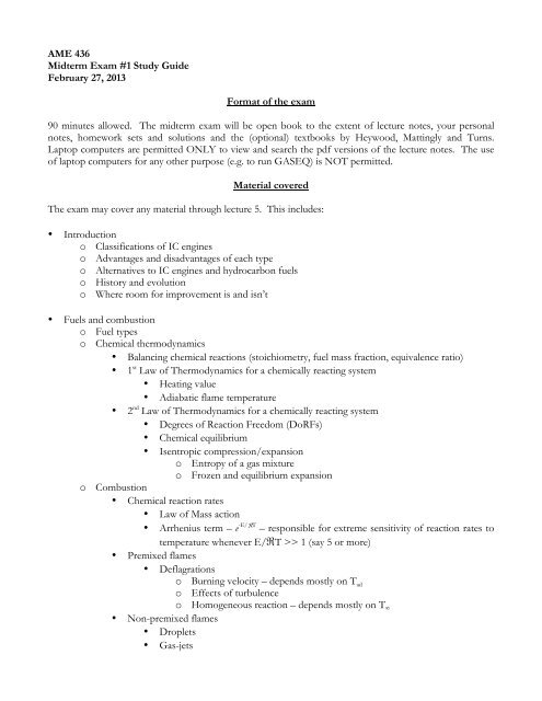 AME 436 Midterm Exam #1 Study Guide February 27, 2013 Format ...