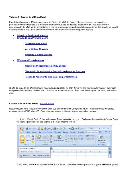 Tutorial 1 - BÃ¡sico do VBA do Excel Este tutorial ... - Site Prof. Bertolo