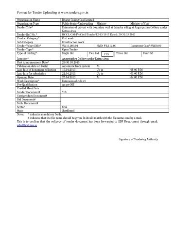 Format for Tender Uploading at www.tenders.gov.in - Tenders India