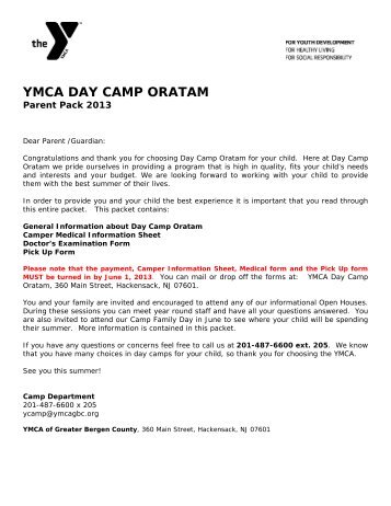 YMCA DAY CAMP ORATAM - YMCA OF THE GREATER BERGEN ...