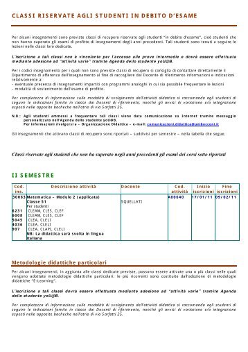 classi riservate agli studenti in debito d'esame ii semestre