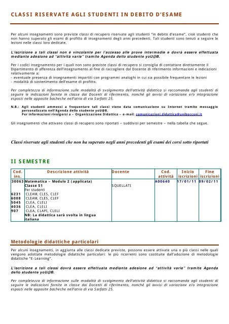 classi riservate agli studenti in debito d'esame ii semestre