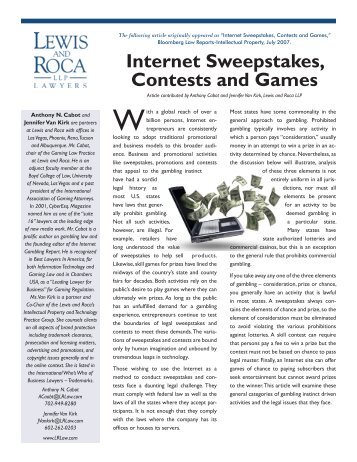 Internet Sweepstakes, Contests and Games - Lewis and Roca LLP