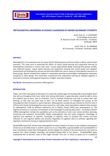 metacognitive awareness in science classroom of higher secondary ...