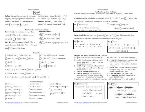 Integrals Cheat Sheet Reduced Pauls Online Math Notes