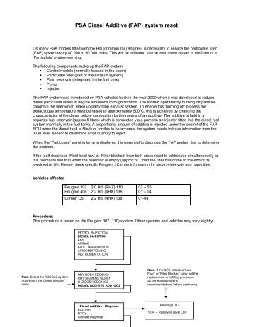 PSA Diesel Additive (FAP) system reset - Autodiagnos