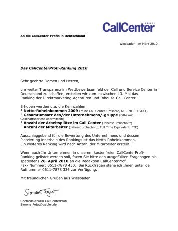 Der Fragebogen Ranking 2010 als PDF - Callcenter-Profi