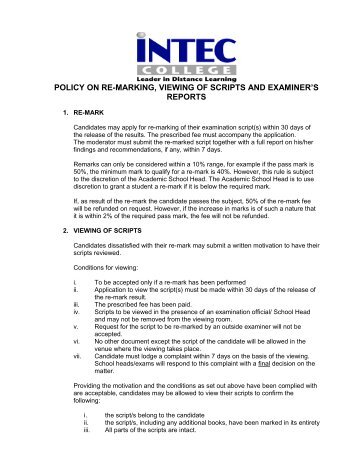 policy on re-marking, viewing of scripts and examiner's reports