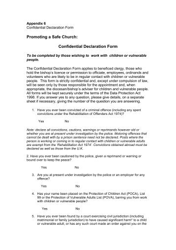 Promoting a Safe Church: Confidential Declaration Form