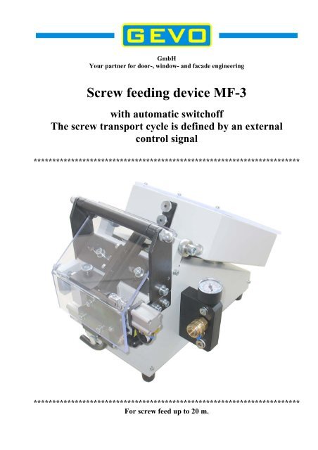 Screw feeding device MF-3 with automatic switchoff ... - GEVO GmbH