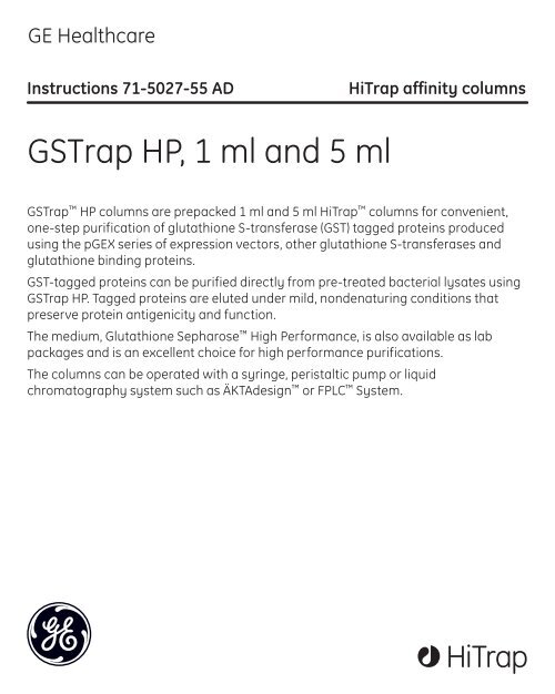 Gstrap Column GSTrap HP, 1 ml and 5 ml - GE Healthcare Life Sciences