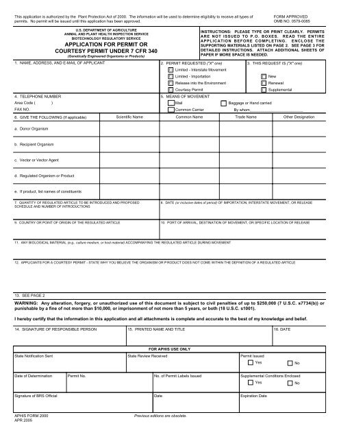 APHIS Form 2000 - aphis - US Department of Agriculture