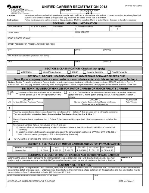 unified carrier registration 2013 - Virginia Department of Motor ...