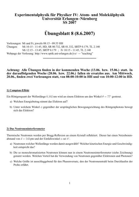 Ubungsblatt 8 (8.6.2007) - qoqi.physik.uni-erlangen.de