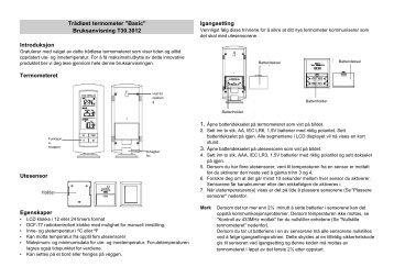 TrÃ¥dlÃ¸st termometer "Basic" Bruksanvisning T30.3012 Introduksjon ...