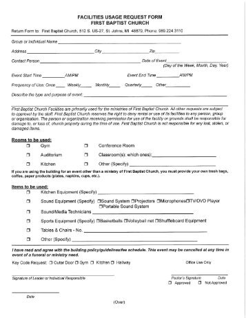 FACILITIES USAGE REQUEST FORM FIRST BAPTIST CHURCH