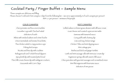 Cocktail Party / Finger Buffet â Sample Menu - Boatbookings