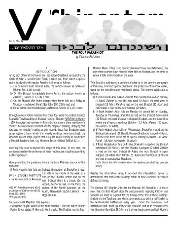 THE FOUR PARASHIOT by Yitzchak Etshalom - Torah.org