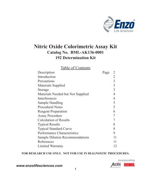 Nitric Oxide Colorimetric Assay Kit Enzo Life Sciences