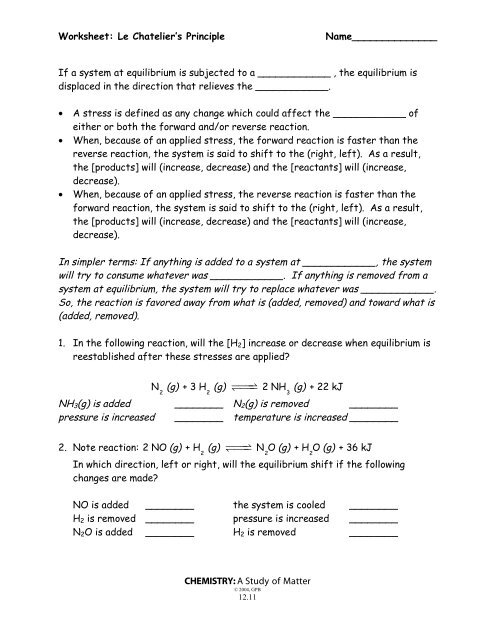Worksheet: Le Chatelier's Principle Name______________ 