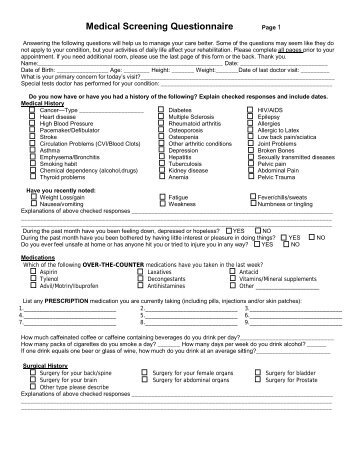 Medical Screening Questionnaire - Tina L Baum, Physical Therapist