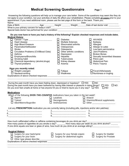 Medical Screening Questionnaire - Tina L Baum, Physical Therapist