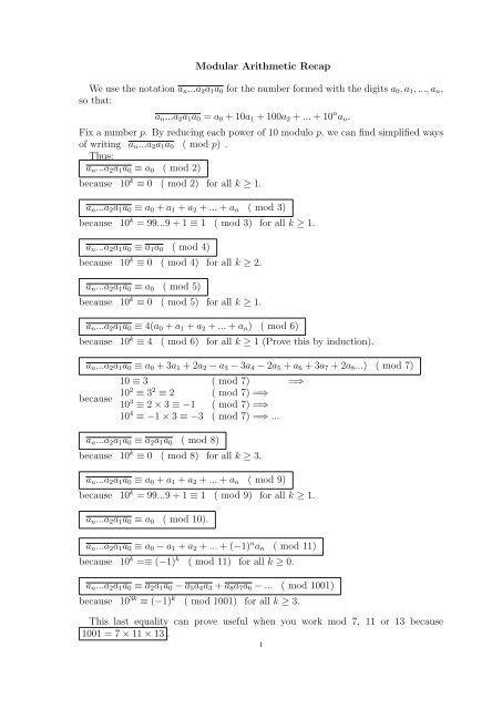 Modular Arithmetic Recap We use the notation an...a2a1a0 for the ...