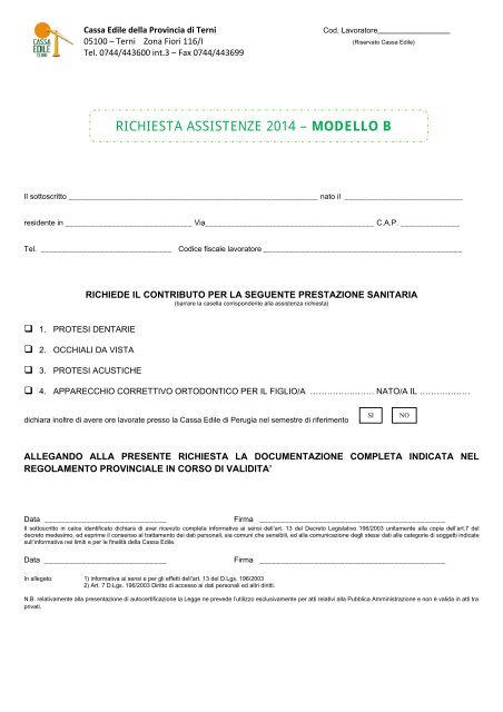 modello b - Iscrizione - Cassa Edile di Terni