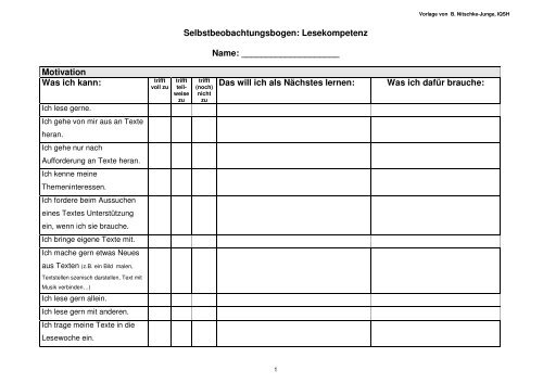 SchÃ¼lerbÃ¶gen zur Selbstbeobachtung - Lesen und Textverstehen