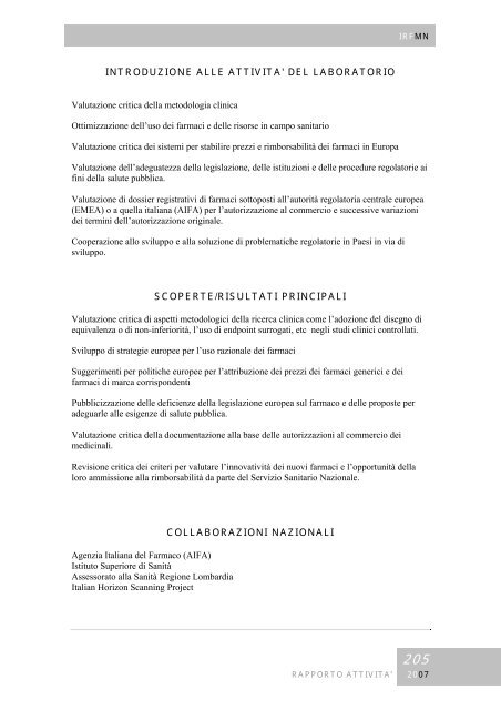 Rapporto annuale 2007 - Istituto di Ricerche Farmacologiche Mario ...