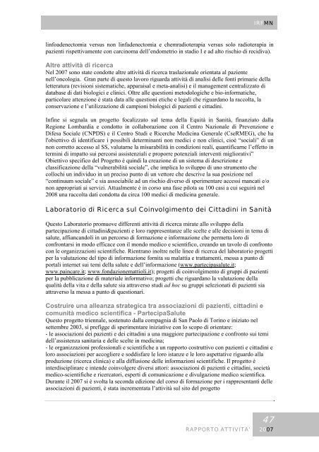 Rapporto annuale 2007 - Istituto di Ricerche Farmacologiche Mario ...