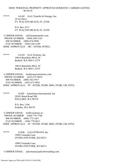 Domestic Approved TSPs - SDDC