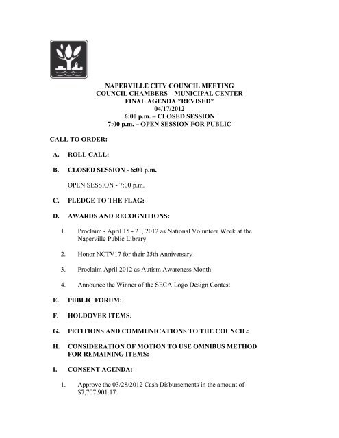 MUNICIPAL CENTER FINAL AGENDA  - City of Naperville