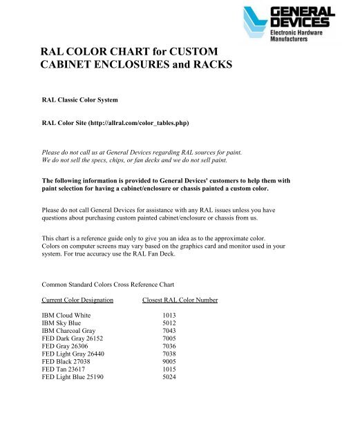 Ral Color Chart For Custom Cabinet Enclosures And