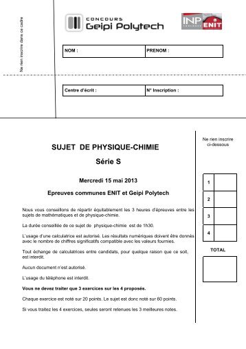 SUJET DE PHYSIQUE-CHIMIE SÃ©rie S - Concours Geipi Polytech