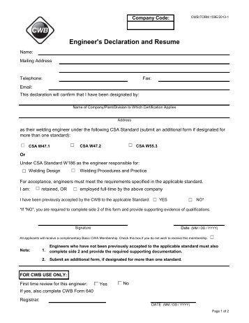 Form 159 Engineer's Declaration and Resume - CWB Group