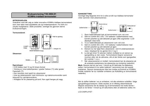 Bruksanvisning T30.3004.01 433MHz trÃ¥dlÃ¸st termometer