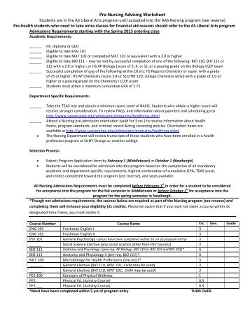 Pre-Nursing Advising Worksheet - SUNY Orange