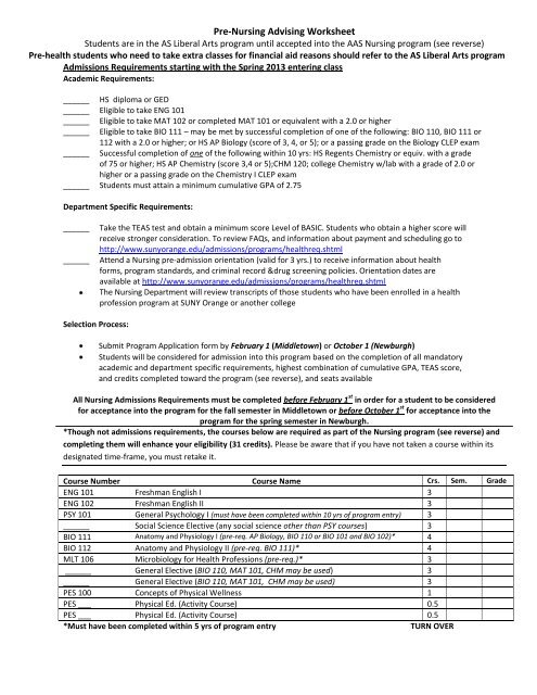 Pre-Nursing Advising Worksheet - SUNY Orange